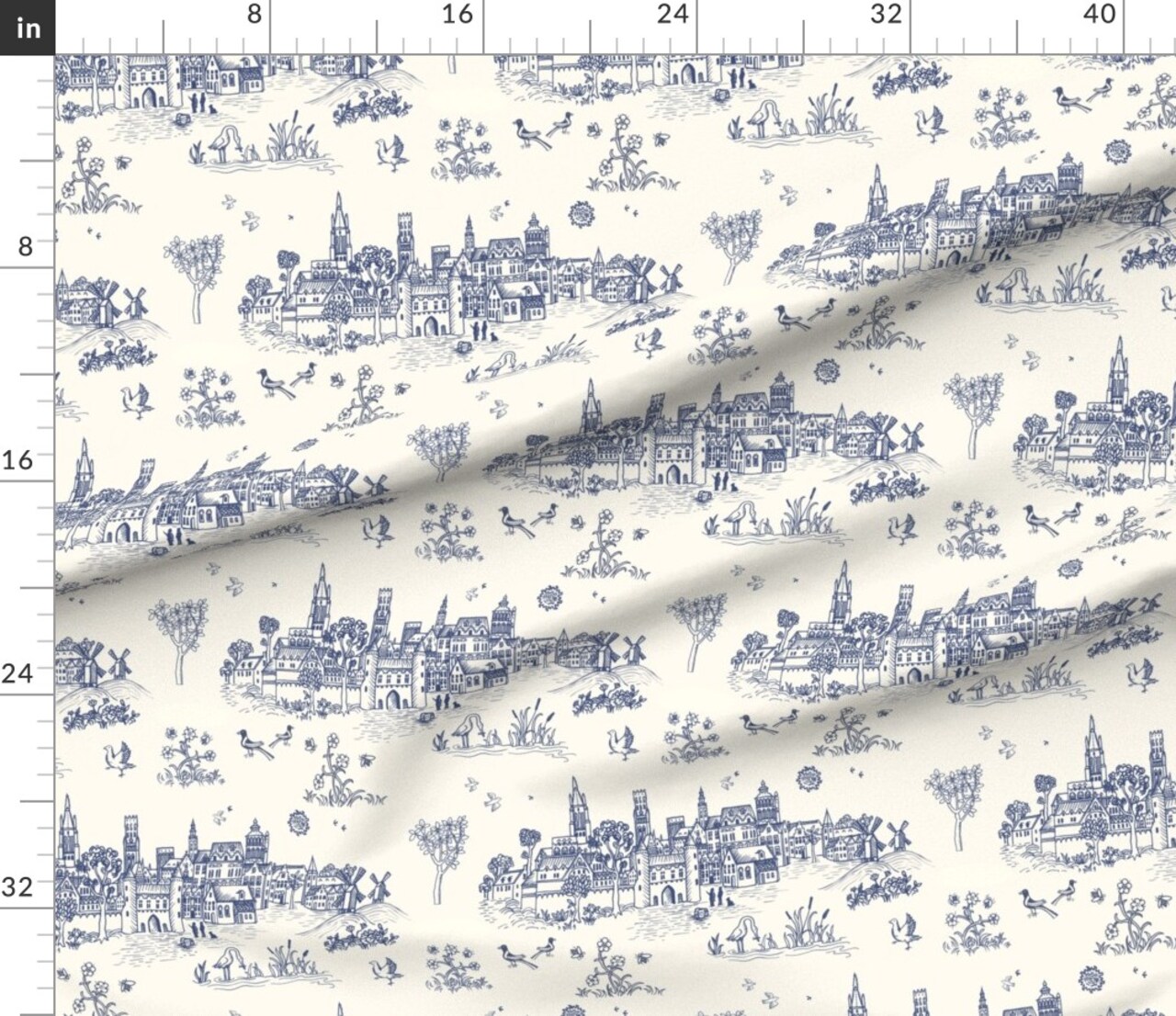 Old Town Houses Block Print Medieval Woodbolock Birds Toile De Jouy Custom Printed Fabric by Spoonflower Various Fabrics by the Yard or Fat Quarter
